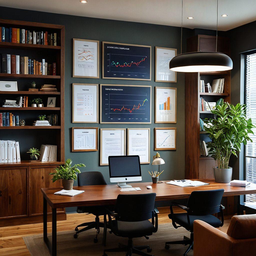 A professional insurance consultant discussing various insurance policies with clients in a cozy office setting. The scene includes charts and graphs illustrating policy costs on a large screen, stacks of informative brochures, and a welcoming atmosphere with plants and a bookshelf. Include diverse clients engaged in conversation, showcasing inclusivity. The color palette should be warm and inviting, emphasizing trust and security. super-realistic. vibrant colors. cozy office environment.