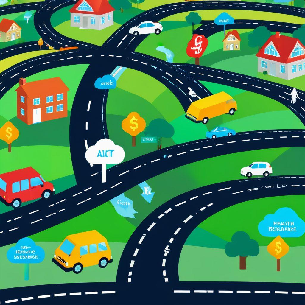 A detailed roadmap featuring various insurance icons like health, auto, and home, merging with dollar signs to symbolize costs. In the background, a friendly insurance agent, representing Perkin Insurance Agency, is helping a couple navigate the path. The scene should evoke a sense of guidance and reassurance. Bright colors and clear signage improve engagement. vector art. vibrant colors.