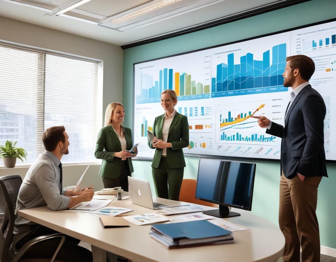 A modern office scene featuring a diverse group of people engaged in a strategic discussion about insurance planning. One person points at a digital screen displaying graphs and charts of insurance coverage vs. premiums. The ambiance is bright, conveying a sense of collaboration and expertise. Include a warm yet professional color palette. super-realistic. vibrant colors. 3D.